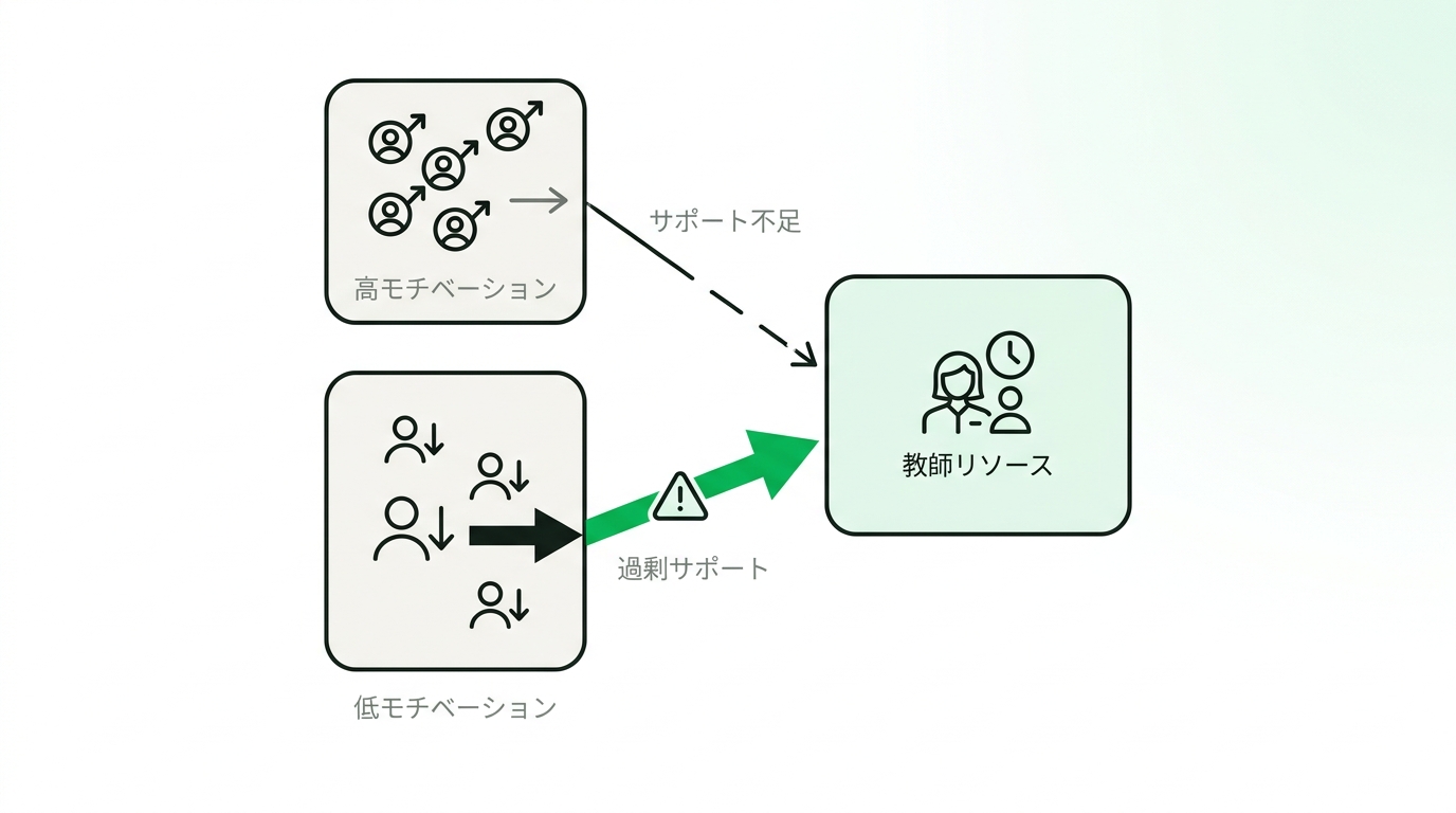 Conceptual diagram showing the disparity in student motivation and uneven distribution of teacher resources in a cram school setting