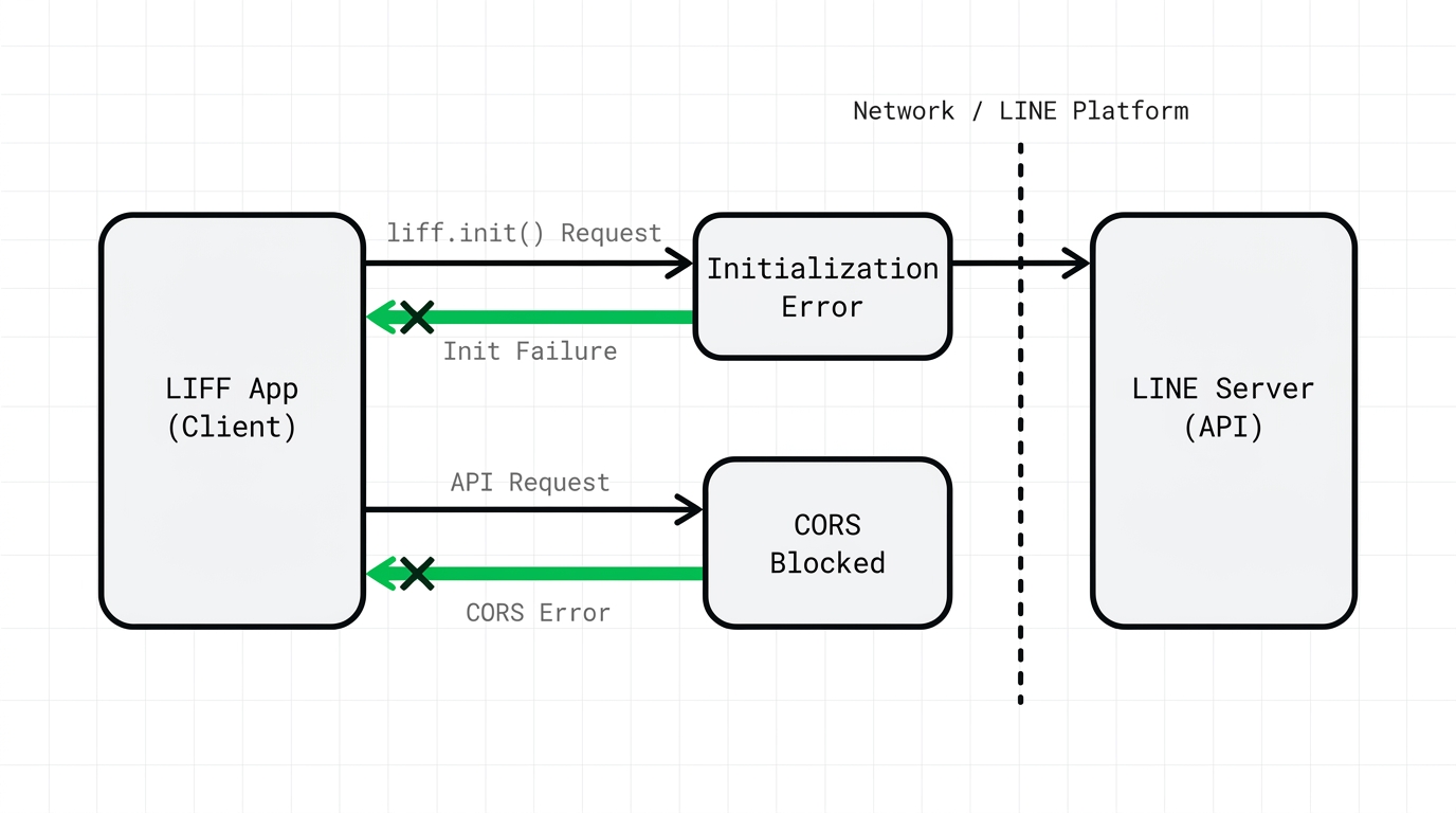 Diagram showing typical errors during LIFF app initialization process including liff.init failure and CORS restrictions