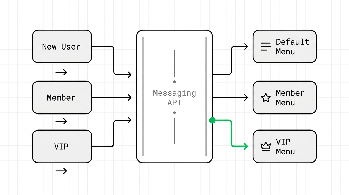 Diagram illustrating the Messaging API linking specific Rich Menus to different user segments based on membership status