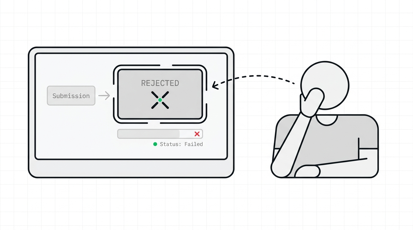 Illustration showing a frustrated developer looking at a rejected LINE Mini App application status on a monitor