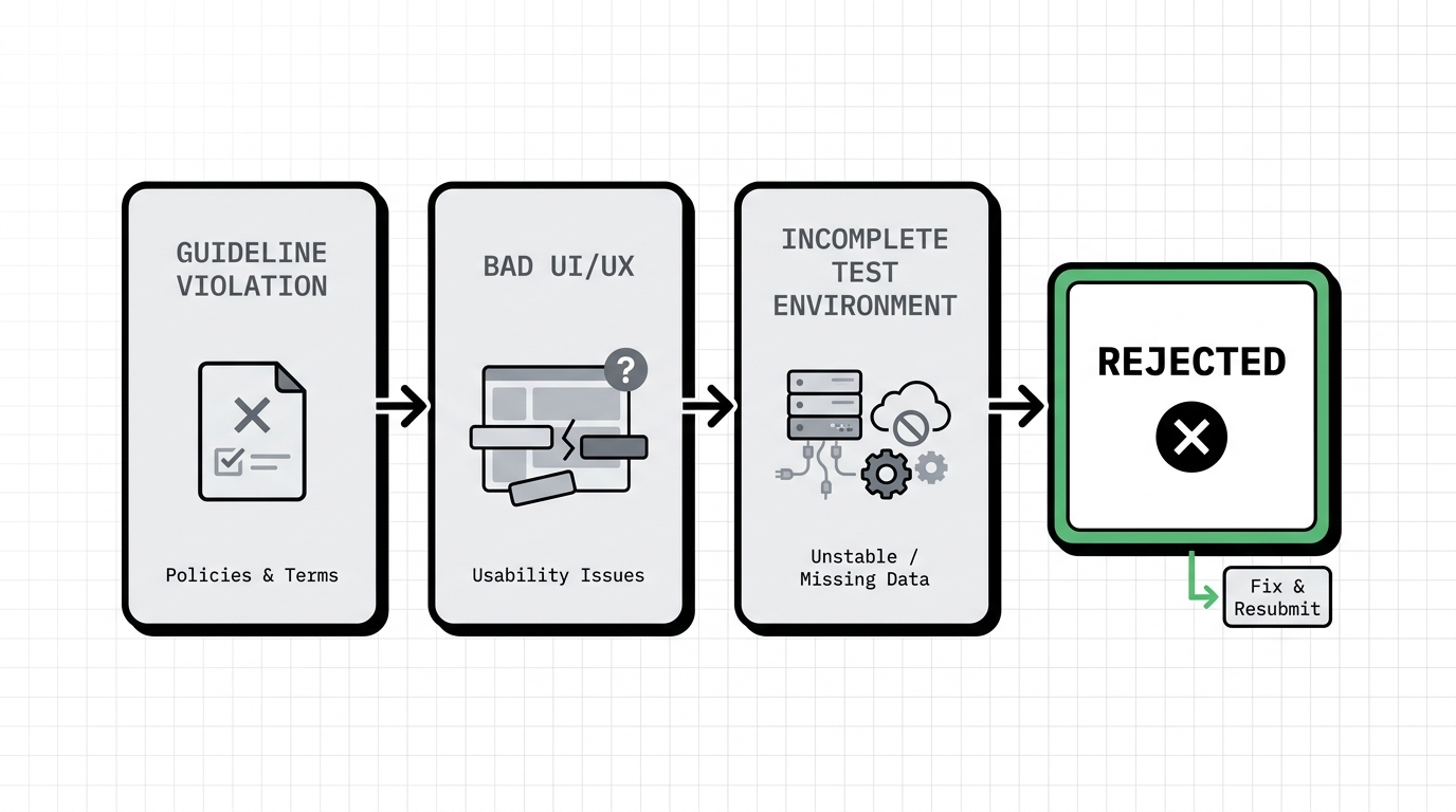 Infographic showing the top three reasons for LINE Mini App rejection: guideline violation, bad UI/UX, and incomplete test environment