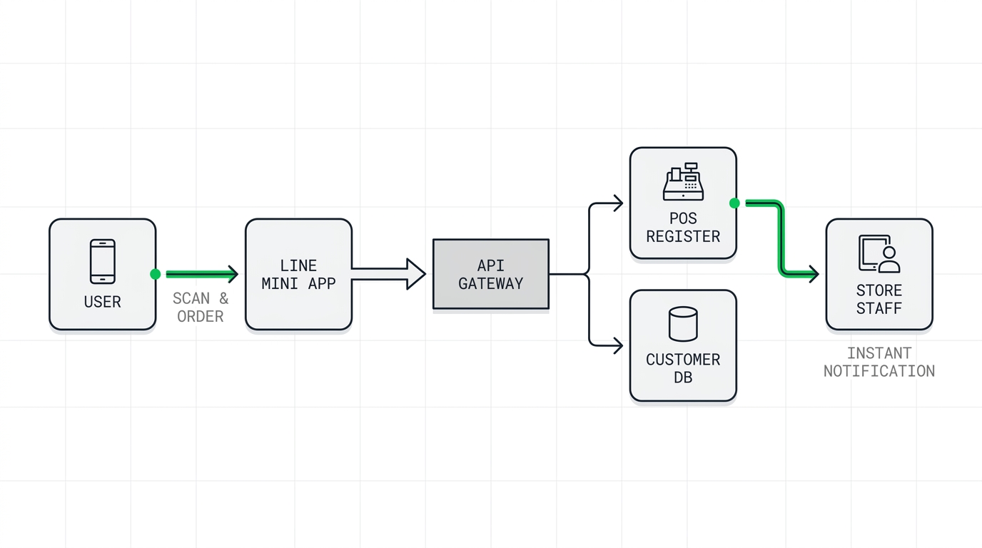 Flowchart illustrating the seamless integration between LINE Mini App, existing POS register, and customer database, highlighting the simplified operational flow for store staff