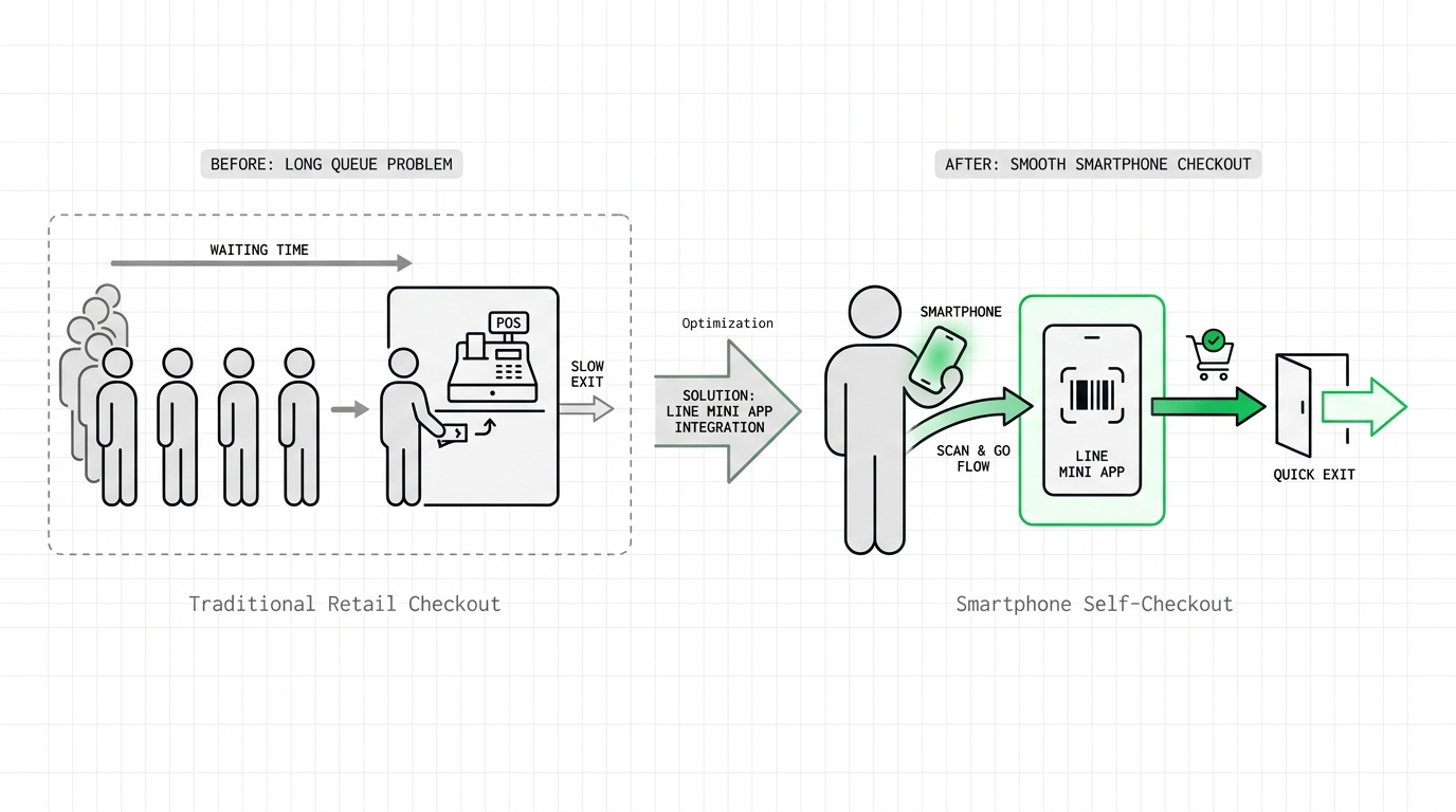 Diagram illustrating the long checkout queue problem in retail stores compared to the smooth self-checkout process using a smartphone.