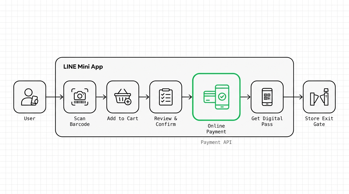 Workflow diagram of Scan and Go system using LINE Mini App, from scanning barcodes to online payment and store exit.