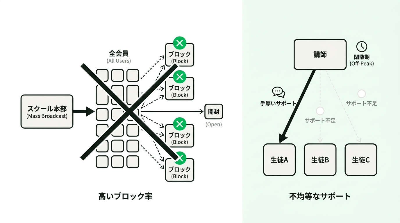 Diagram showing the high block rate from mass LINE broadcasts and the unequal instructor support for students in cram schools during off-peak seasons